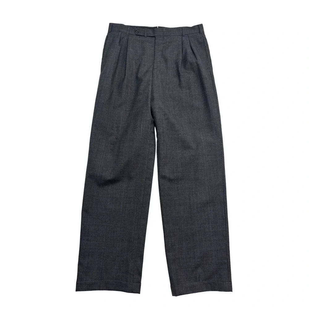 vtg 90s USA Made 44R 35x33 Gray Glen Plaid 2pc Pant Suit Pleated High Waisted